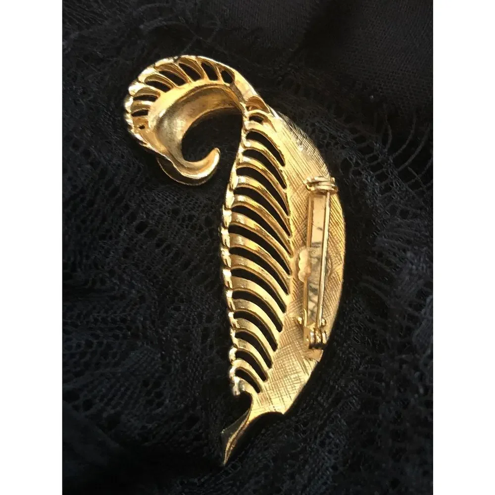 Vintage Gold tone Feather Brooch/Pin with Faux Pearls MCM 1960